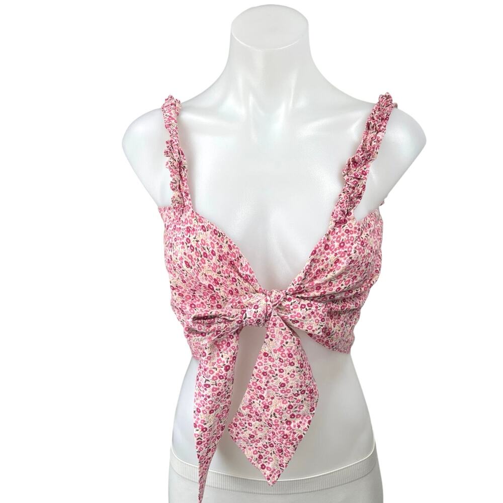 Mojo Pink Floral Print Sleeveless Bow Tie Ruffle Strap Crop Tank Top Size S/M